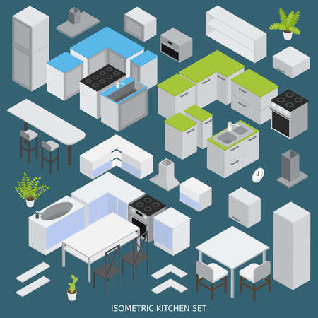 Isometric kitchen elements set with domestic appliances tables chairs wall cupboards on blue background isolated vector illustrationのイラスト素材