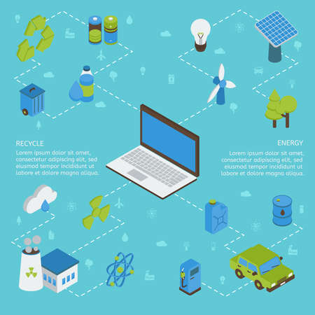 Ecology isometric infographics with computer green energy factory batteries on blue background with flat signs vector illustrationのイラスト素材