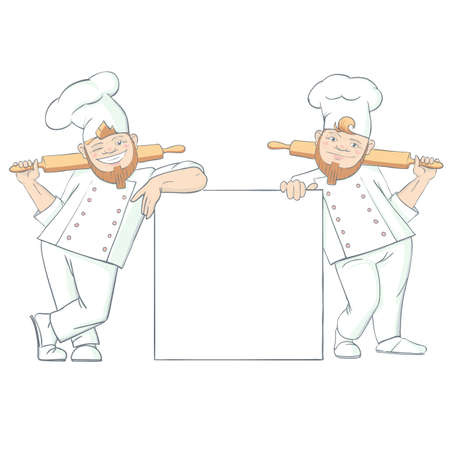 Flat cartoon composition with two brothers bakers in uniform with rolling pins leaning on empty square object vector illustrationのイラスト素材