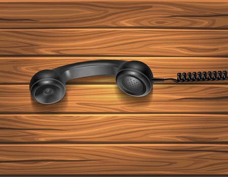 Realistic black handset of old vintage dial phone on brown wooden background vector illustrationのイラスト素材