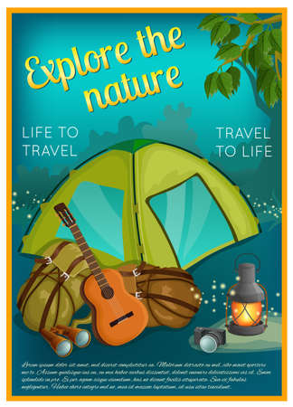 Exploration of nature poster with camping outfit guitar camera green branch on night forest background vector illustrationのイラスト素材