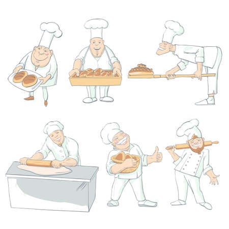 Set of six isolated hand drawn caricature style happy baker characters in uniform with different faces flat vector illustrationのイラスト素材