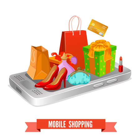 Mobile shopping design of packets and boxes shoes and cosmetic on smartphone and banking card vector illustrationのイラスト素材