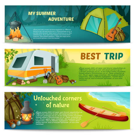 Camping horizontal banners set with summer adventure best trip virginal corners of nature isolated vector illustrationのイラスト素材