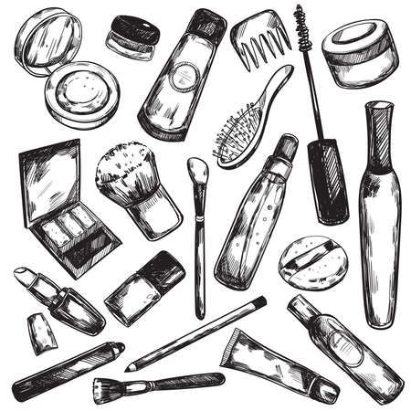 Black hand drawn beauty object background with elements for creation of makeup vector illustrationのイラスト素材