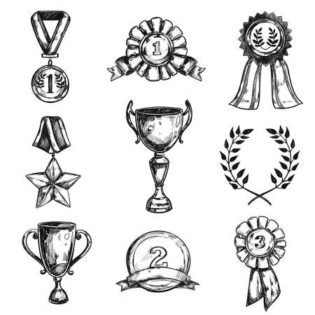 Black isolated sketch of different sizes medal design icon set on white background vector illustrationのイラスト素材