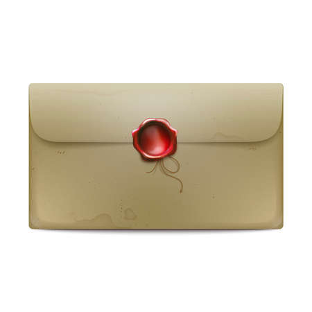 Post stained paper envelope with red wax seal and rope on white background isolated vector illustrationのイラスト素材