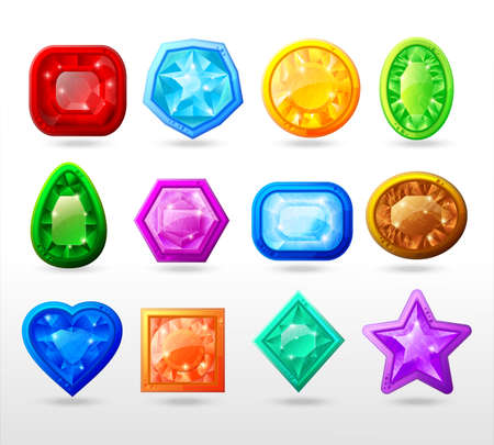 Gui cartoon buttons set including gems of different color and shape with frame isolated vector illustrationのイラスト素材
