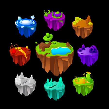 Colorful hanging lands for game icons set with different surface on black background isolated vector illstrationのイラスト素材
