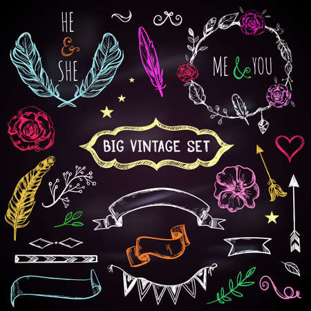 Invitation hand drawn elements painted with chalk on blackboard and with he and she descriptions vector illustrationのイラスト素材