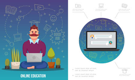 Flat e-learning infographic template with man working on laptop plants notebook and different online education icons vector illustrationのイラスト素材