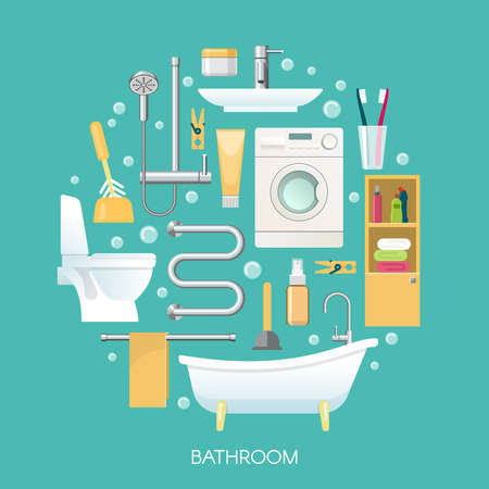Bathroom round composition including sanitary equipment laundry machine cosmetics and toothbrushes on blue background vector illustrationのイラスト素材