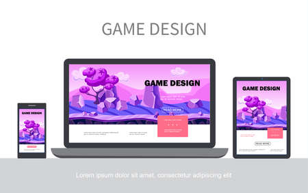 Cartoon game design UI concept with fantasy landscape trees stones adaptive for mobile laptop tablet screens isolated vector illustrationのイラスト素材