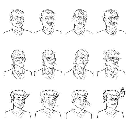 Business emotions avatars set with calmness joy doubt and anger on faces of men isolated vector illustrationのイラスト素材