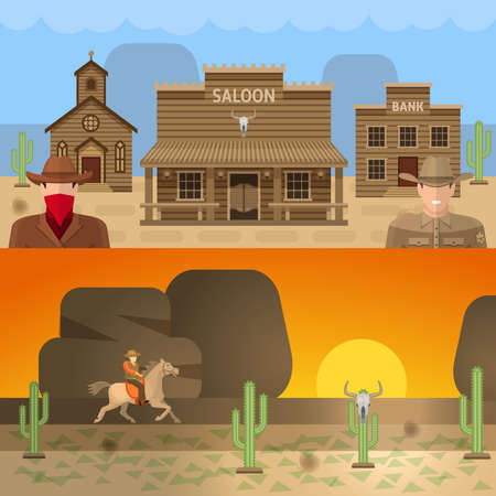 Wild west colored concepts with work of sheriff in town and cowboy in desert isolated vector illustrationのイラスト素材