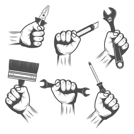 Work tools in male hands monochrome set with brush pliers cutter and adjustable wrench isolated vector illustrationのイラスト素材
