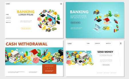 Isometric bank websites set with financial elements atm machine online banking money cash coins mobile payment safe credit cards vector illustrationのイラスト素材