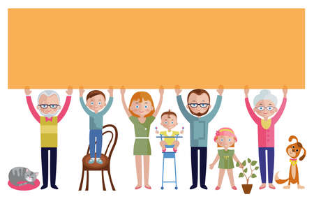 Family with empty orange banner flat design including adults and children houseplant and pets vector illustrationのイラスト素材