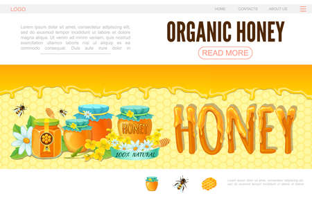Cartoon beekeeping web page template with bees flowers pots of organic honey on honeycomb background vector illustrationのイラスト素材