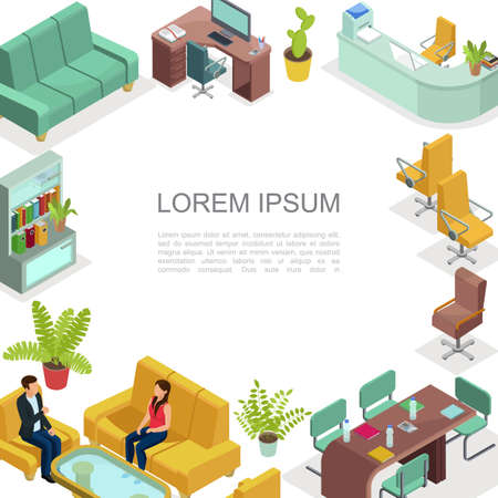 Isometric office interior template with tables comfortable chairs sofa armchairs bookcase plants printer talking colleagues workspace for business negotiation vector illustrationのイラスト素材