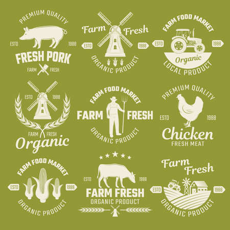 Farm monochrome emblems of organic fresh products with animals and grains on green background isolated vector illustrationのイラスト素材
