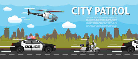 Flat police city patrol template with helicopter cars and policeman riding motorcycle on road vector illustrationのイラスト素材