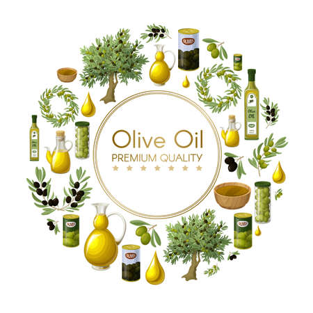 Cartoon natural olive oil round concept with olive trees wreathes branches jars cans bottles bowls drops isolated vector illustrationのイラスト素材