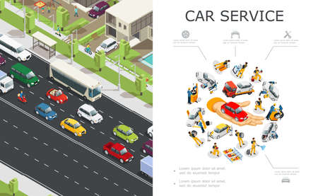 Car service and traffic jam composition with workers repair and fix automobiles and vehicles moving on road in isometric style vector illustrationのイラスト素材