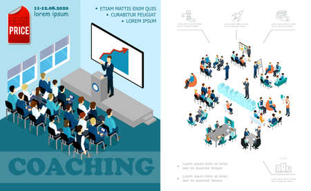 Isometric business education composition with lecturer speaking to auditorium brainstorming staff coaching seminar online conference vector illustrationのイラスト素材