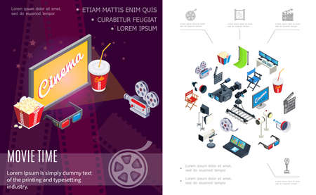 Isometric movie time composition with cameras screen soda popcorn 3d glasses hromakey clapperboard director chair film reel megaphone projectors audio record console vector illustrationのイラスト素材
