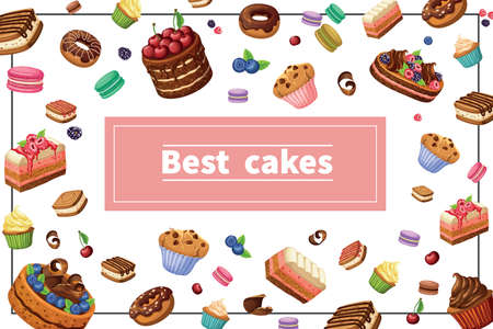 Cartoon sweets colorful concept with cakes pie slices donuts muffins cupcakes macaroons berries and nuts in frame vector illustrationのイラスト素材