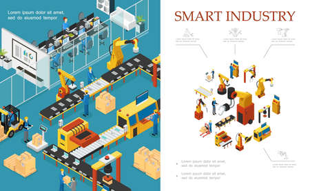 Isometric modern industrial production composition with automated assembly and packaging lines robotic arms engineers operators vector illustrationのイラスト素材