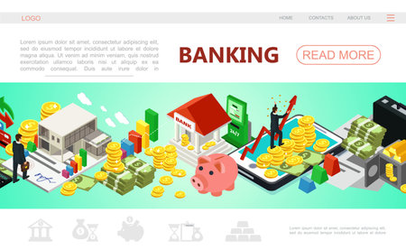 Isometric banking web page template with businessman mobile payment atm machine money gold bars coins in safe credit cards piggy bank vector illustrationのイラスト素材