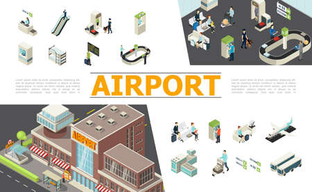 Isometric airport elements set with check-in desk escalator customs passport control departure board waiting hall baggage conveyor belt airplanes passengers workers vector illustrationのイラスト素材