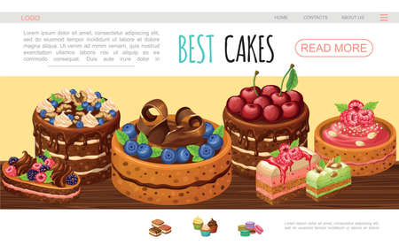 Cartoon tasty cakes web page template with chocolate cream nuts blackberry raspberry blueberry vector illustrationのイラスト素材