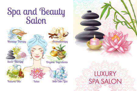 Cartoon spa salon colorful concept with woman stones natural and massage oils lotus flower creams aroma candles towels vector illustrationのイラスト素材
