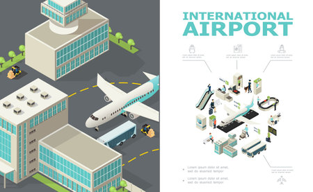 Isometric international airport composition with airplane bus buildings check-in desk customs and passport controls passengers departure board baggage conveyor belt vector illustrationのイラスト素材