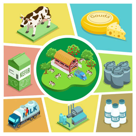 Isometric farming elements composition with house apple trees cows dairy factory truck kefir cheese bottles and barrels of milk vector illustrationのイラスト素材