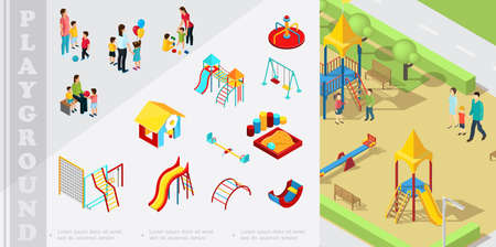 Isometric kids playground elements composition with playhouse slides sandbox swings ladders seesaw parents playing with children vector illustrationのイラスト素材