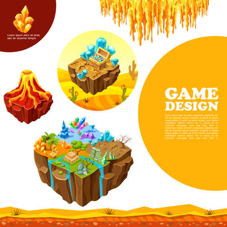 Isometric game landscapes template with volcano palms dry tree stones minerals crystals desert treasure chest stalactites vector illustrationのイラスト素材