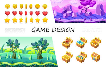 Cartoon game design UI composition with circle heart star buttons crown gemstones jewels gold coins cup in treasure chest fantasy nature landscape vector illustrationのイラスト素材