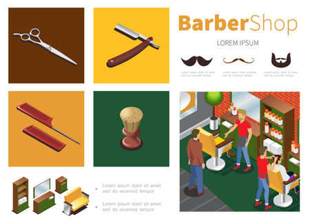 Isometric barber shop infographic template with hairdressers clients cupboard mirror sofa chairs scissors razor shaving brush combs mustache beard silhouettes vector illustrationのイラスト素材