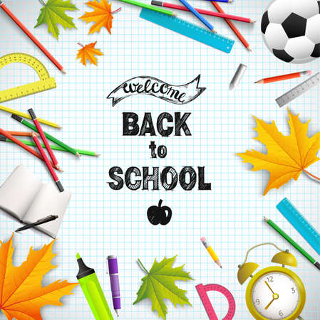 Realistic school time poster with rulers colorful pencils soccer ball maple leaves protractor bitten apple alarm clock book marker on paper sheet vector illustrationのイラスト素材