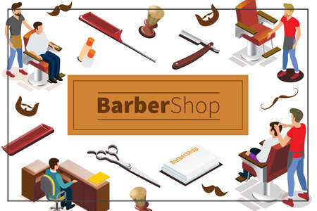 Isometric barber shop colorful concept with hairdressers clients receptionist towels chairs brush scissors combs razor cosmetic bottles mustache beard vector illustrationのイラスト素材