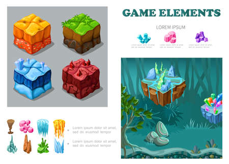 Isometric game landscape infographic concept with sand grass ice lava soils crystals minerals stones stalactites fantasy forest vector illustrationのイラスト素材