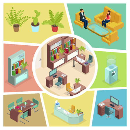 Isometric office interior composition with talking business people comfortable furniture plants bookcase water cooler computer printer vector illustrationのイラスト素材