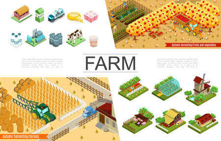Isometric agriculture elements collection with farms windmill harvesting farmers greenhouse fruits animals trees agricultural vehicles dairy factory and products vector illustrationのイラスト素材