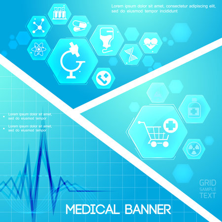 Medical care blue digital composition with heart rhythm and medicine icons in hexagons vector illustrationのイラスト素材