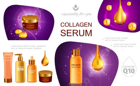 Realistic cosmetic infographic template with collagen serum drops packages of moisturizer skincare cream body lotion spray shower gel vector illustrationのイラスト素材