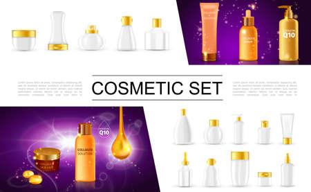 Realistic cosmetic packages collection with bottles and containers for cream body lotion moisturizer shampoo spray soap vector illustrationのイラスト素材
